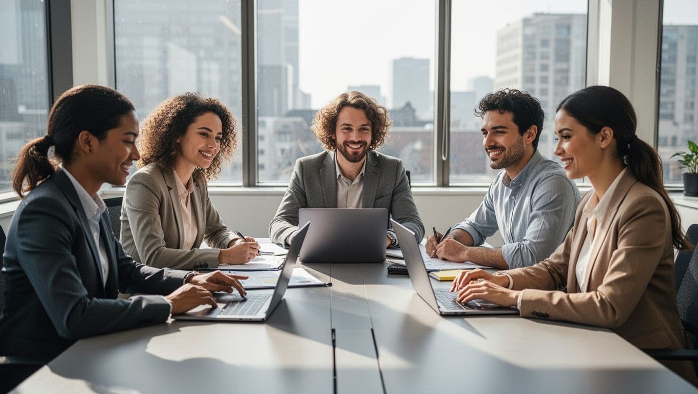 A diverse team of five professionals collaborates relaxedly around a table in a modern office with laptops and notes, natural daylight lighting, and focused group interaction.