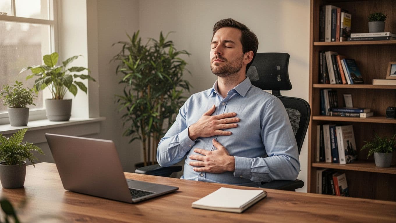 A calm man in business casual attire sits at a wooden desk in a quiet office corner, eyes closed, practicing diaphragmatic breathing with one hand on his belly and the other on his chest, relaxed posture in an ergonomic chair.