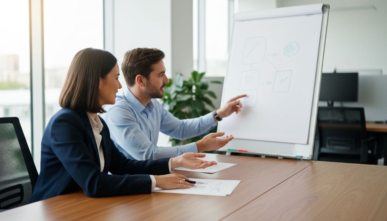 A manager and employee collaboratively review an action plan on an office table, pointing to priorities and adjustments with positive expressions in a bright professional environment.