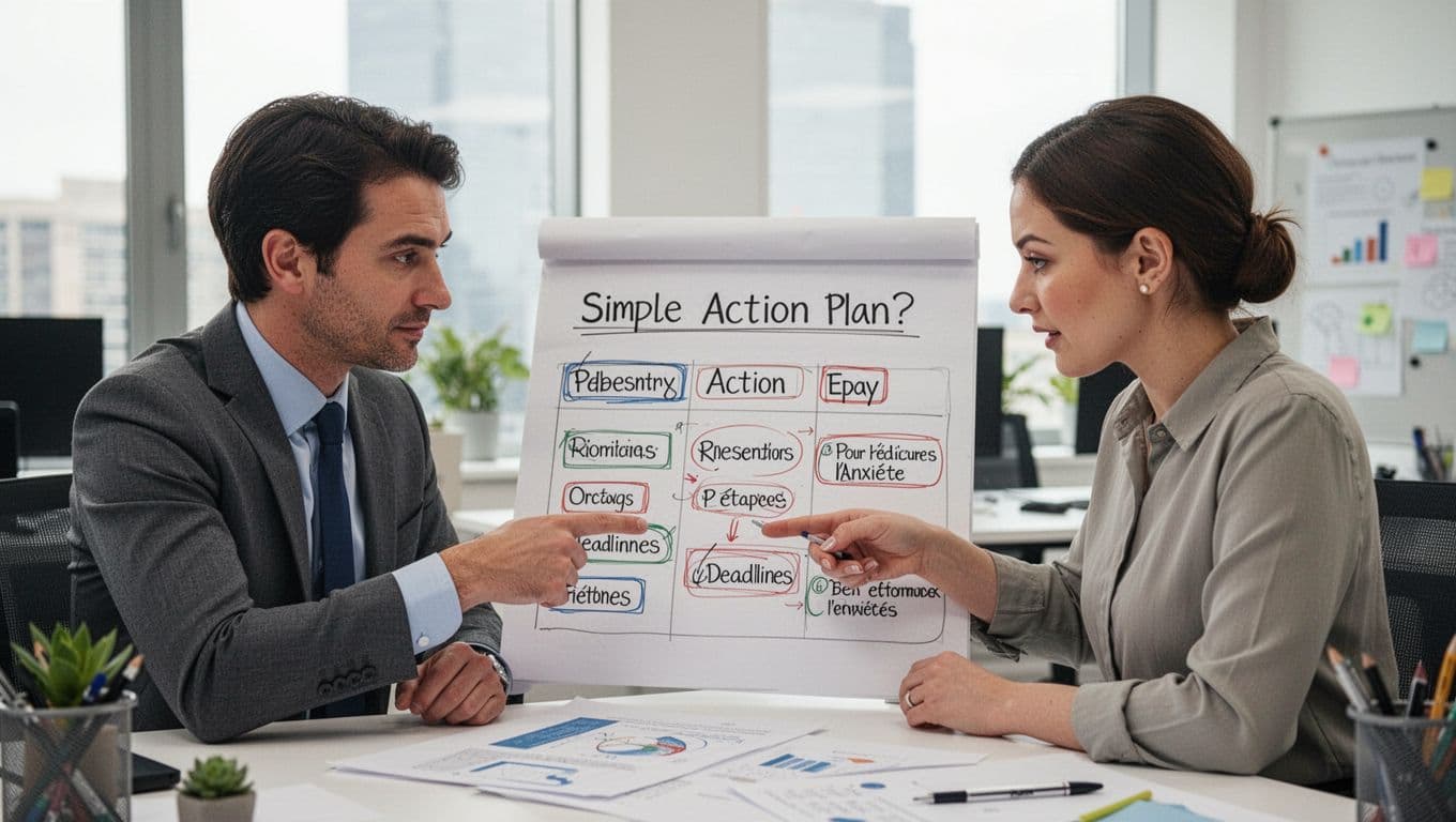 Office scene with a manager and employee collaboratively reviewing a simple action plan on paper, pointing to priorities and deadlines in a bright professional workspace with natural lighting.