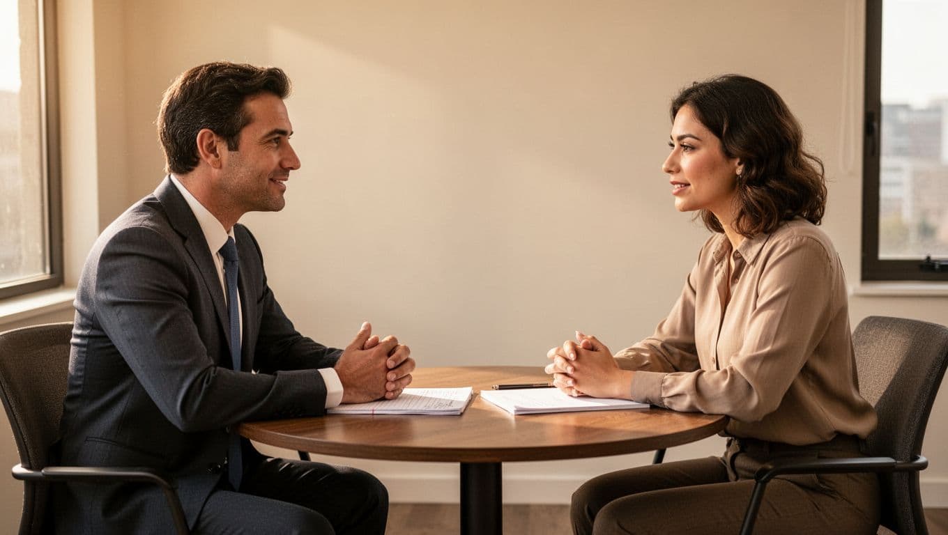 Manager and employee seated face-to-face in a simple meeting room at a small round table with notes, sharing calm and empathetic expressions under warm natural lighting in a realistic photographic style.