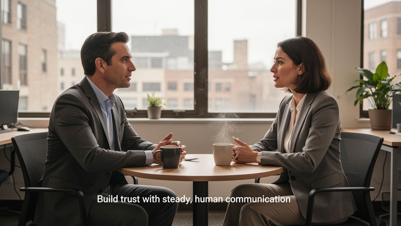 Manager and employee in a quiet office, seated at a small round table, engaged in a casual check-in conversation with eye contact, attentive listening, relaxed body language, coffee mugs, professional attire, natural window light.