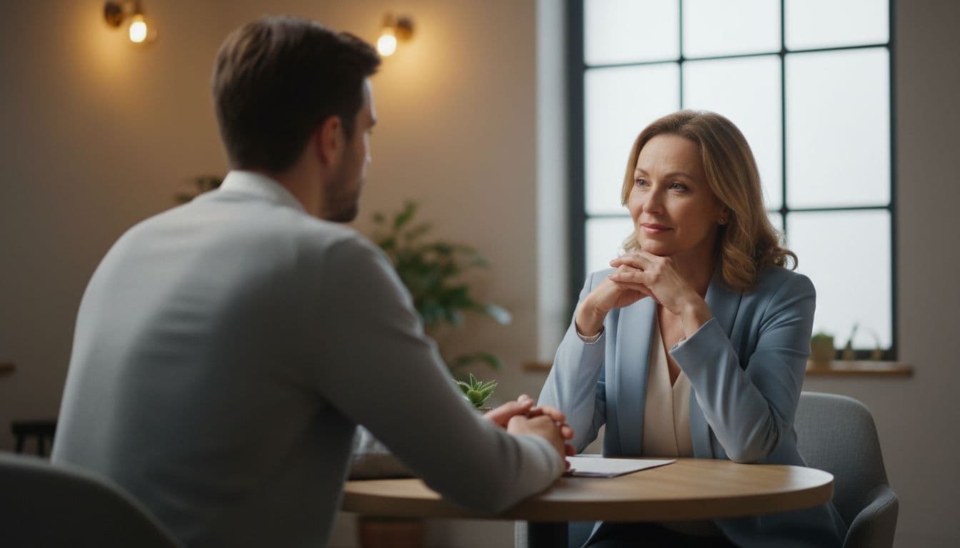 A manager and one employee seated across a small table in a private office, engaged in a calm, empathetic conversation with soft lighting and realistic style.