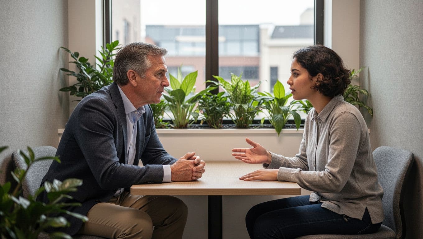 Middle-aged manager in business casual attire sitting across from younger employee in quiet office nook, engaged in one-on-one conversation; manager leaning forward listening attentively, employee gesturing naturally, plants and window in background, realistic daylight photo.