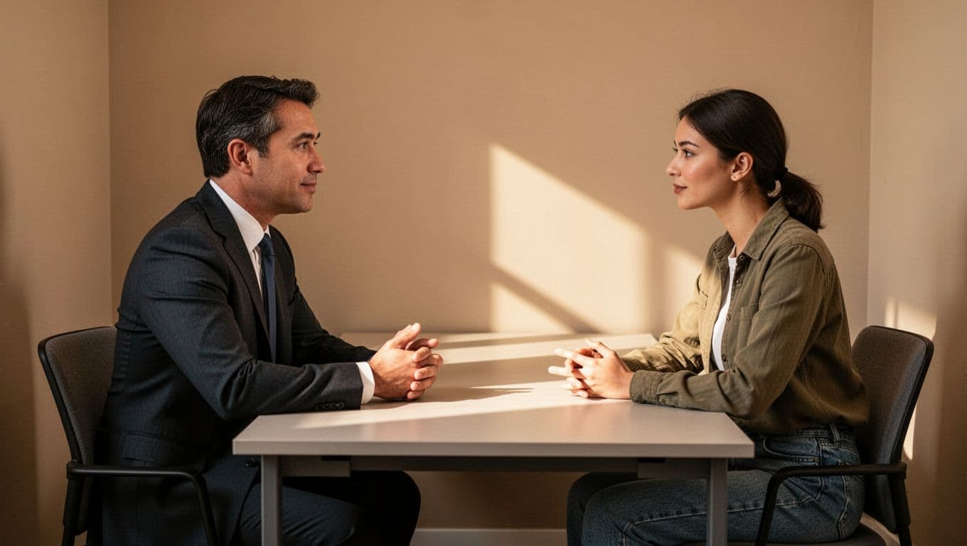 Manager in business attire engages in a one-on-one conversation with an employee in a quiet office corner, both seated comfortably with empathetic expressions under warm lighting, realistic style.