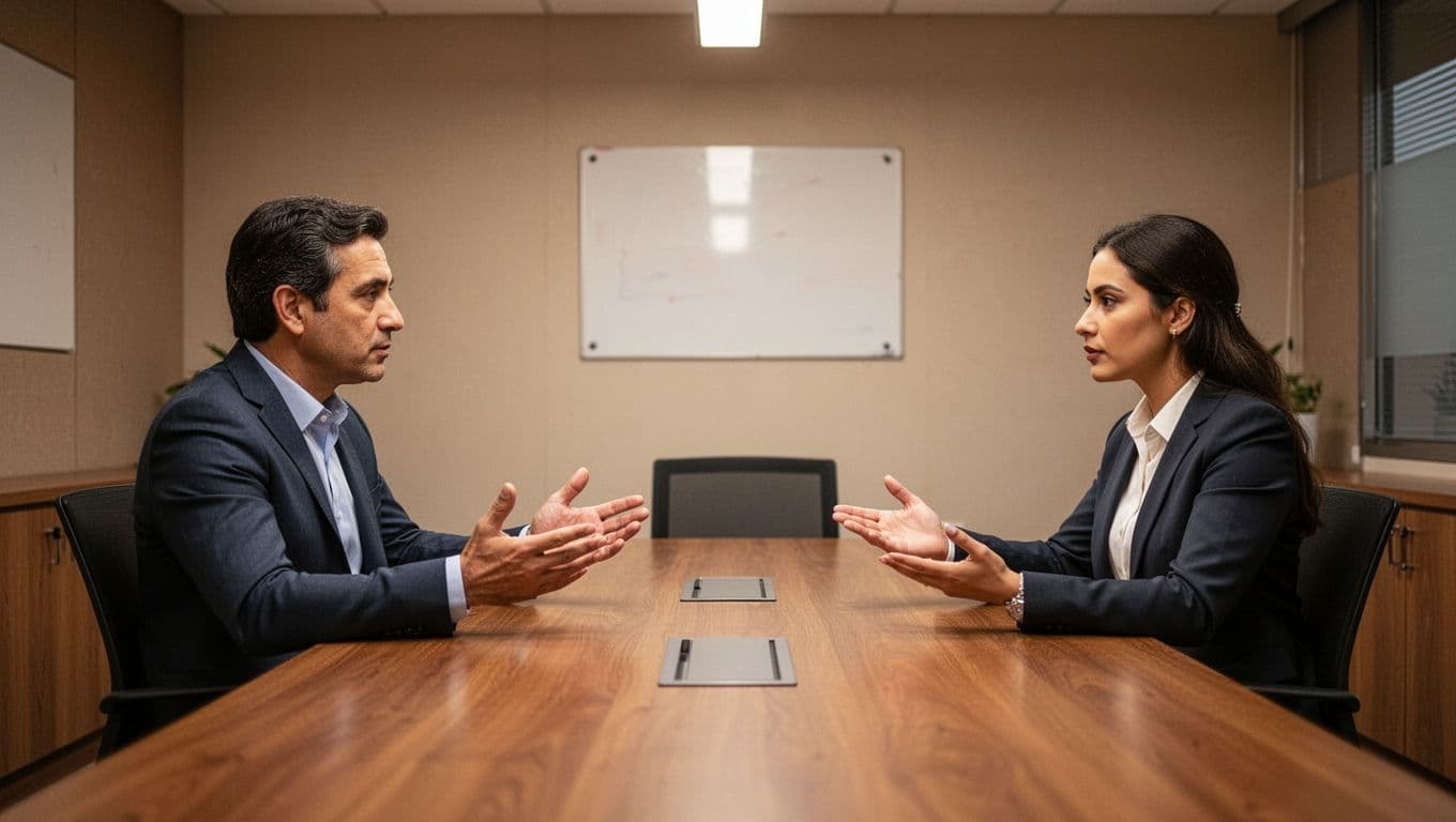 A manager and employee sit relaxed facing each other in a small meeting room, engaged in a private conversation with open listening gestures and calm neutral expressions, under warm office lighting.