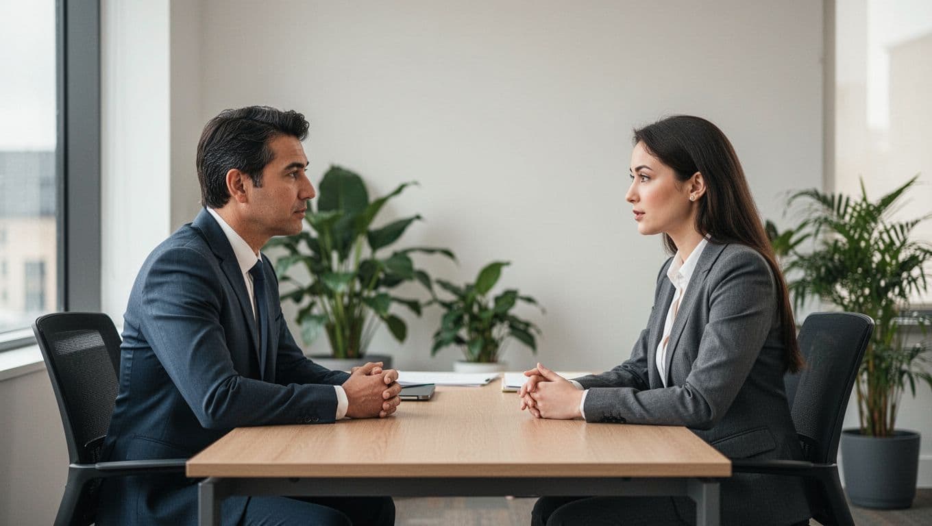 A manager and employee seated across a desk in a modern office, engaged in a calm private conversation with neutral expressions, soft window light, and simple plant background.