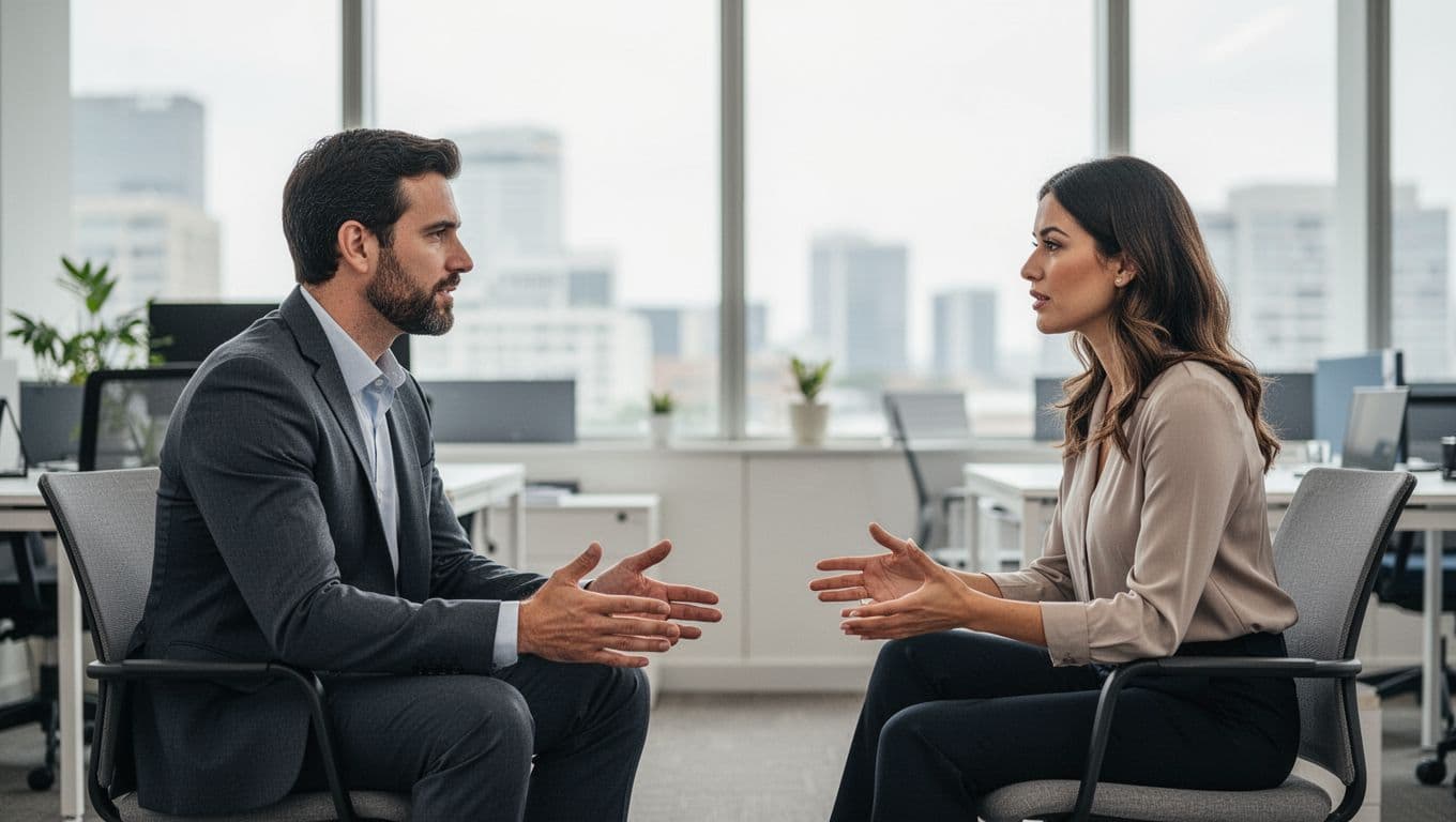 Male manager and female employee in a natural one-on-one conversation in a modern office, seated face-to-face with open postures, relaxed hands, soft natural light, photorealistic style.