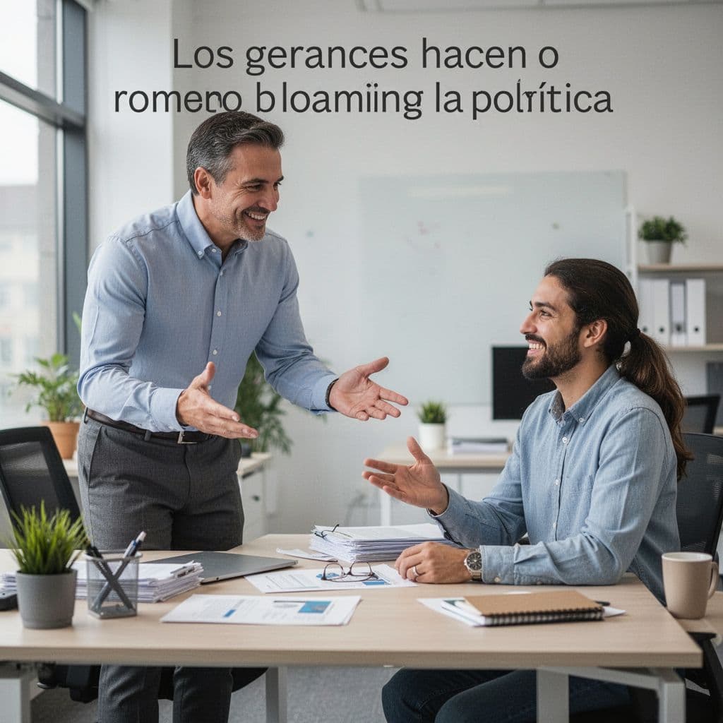 A manager stands at a desk talking to a seated team member, gesturing encouragingly for a break in a positive interaction. Simple office background in professional realistic style with soft lighting.