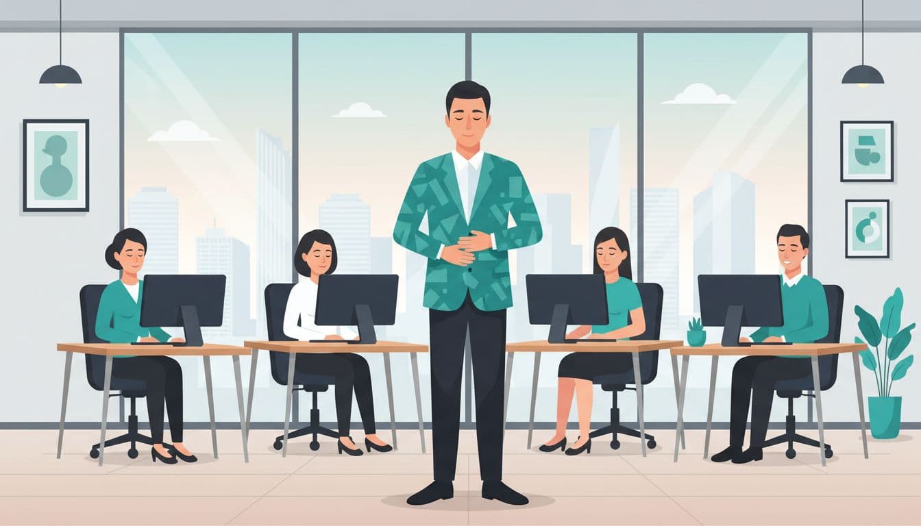 Modern illustration of a standing manager in a Mexico City office leading a seated team of four through a short breathing pause, featuring relaxed faces, clean shapes, and a skyline view through the window.