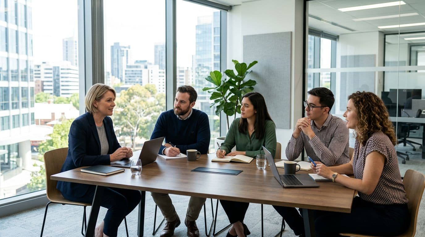 Manager leading a relaxed and focused team of four members around a table in a modern office with natural daylight lighting.