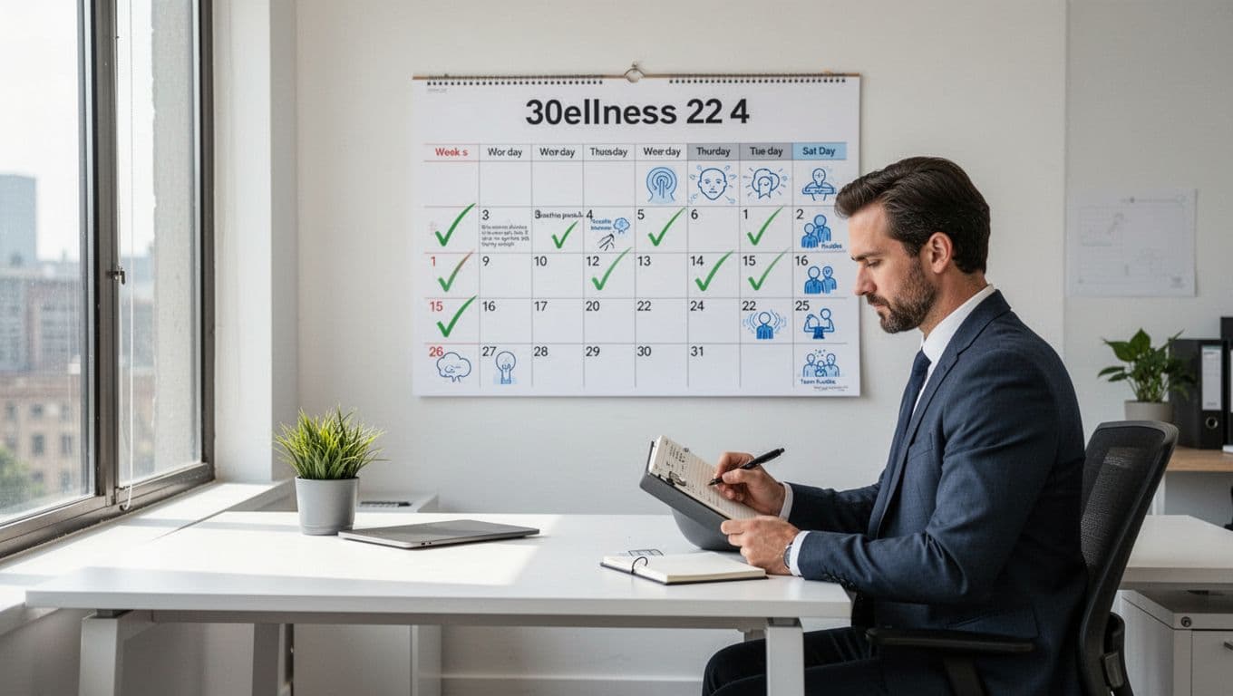 A modern office desk displays a 30-day wall calendar with subtle wellness checkmarks for weeks 1-4 and icons for breathing pauses and team huddles. A single focused manager reviews it with a notebook under natural window light in a clean professional style.