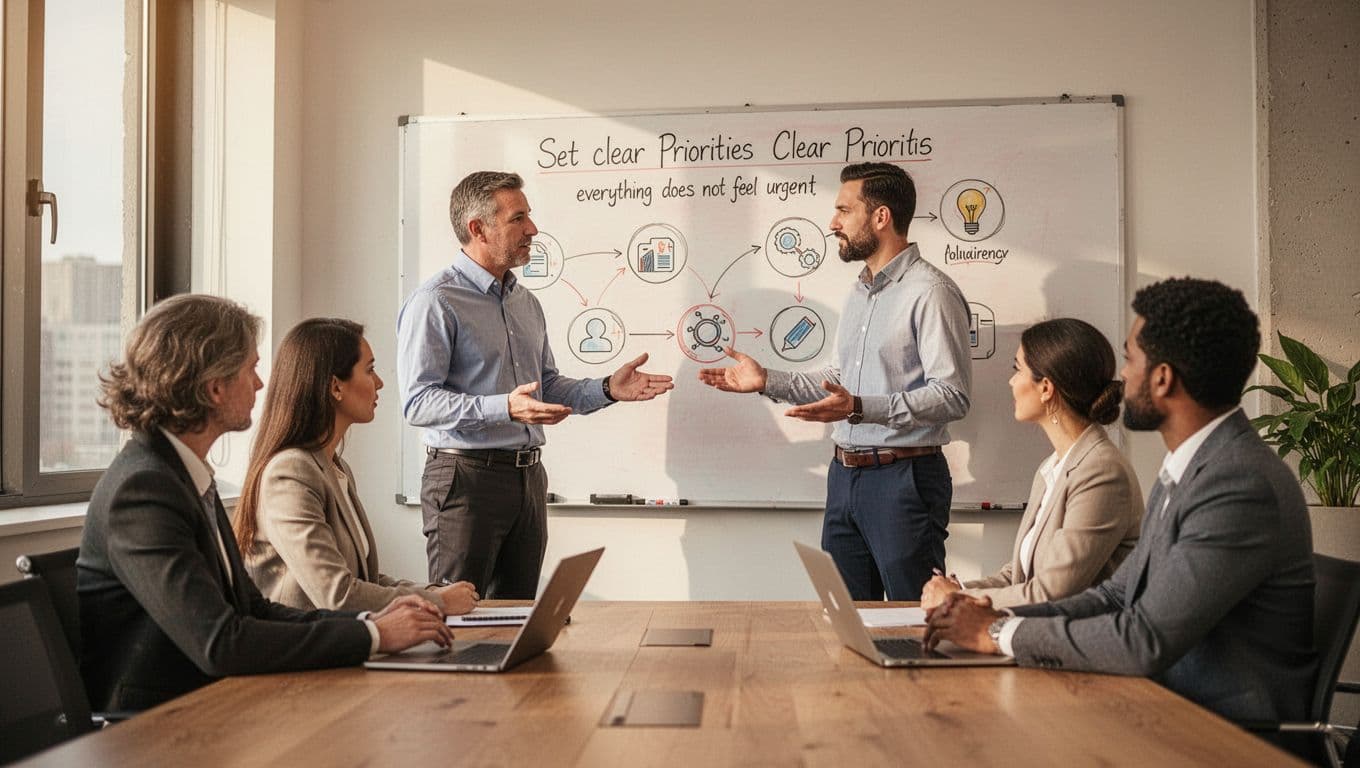 Manager standing in front of a whiteboard explaining clear priorities to two team members seated nearby in a modern conference room with natural light and warm lighting.