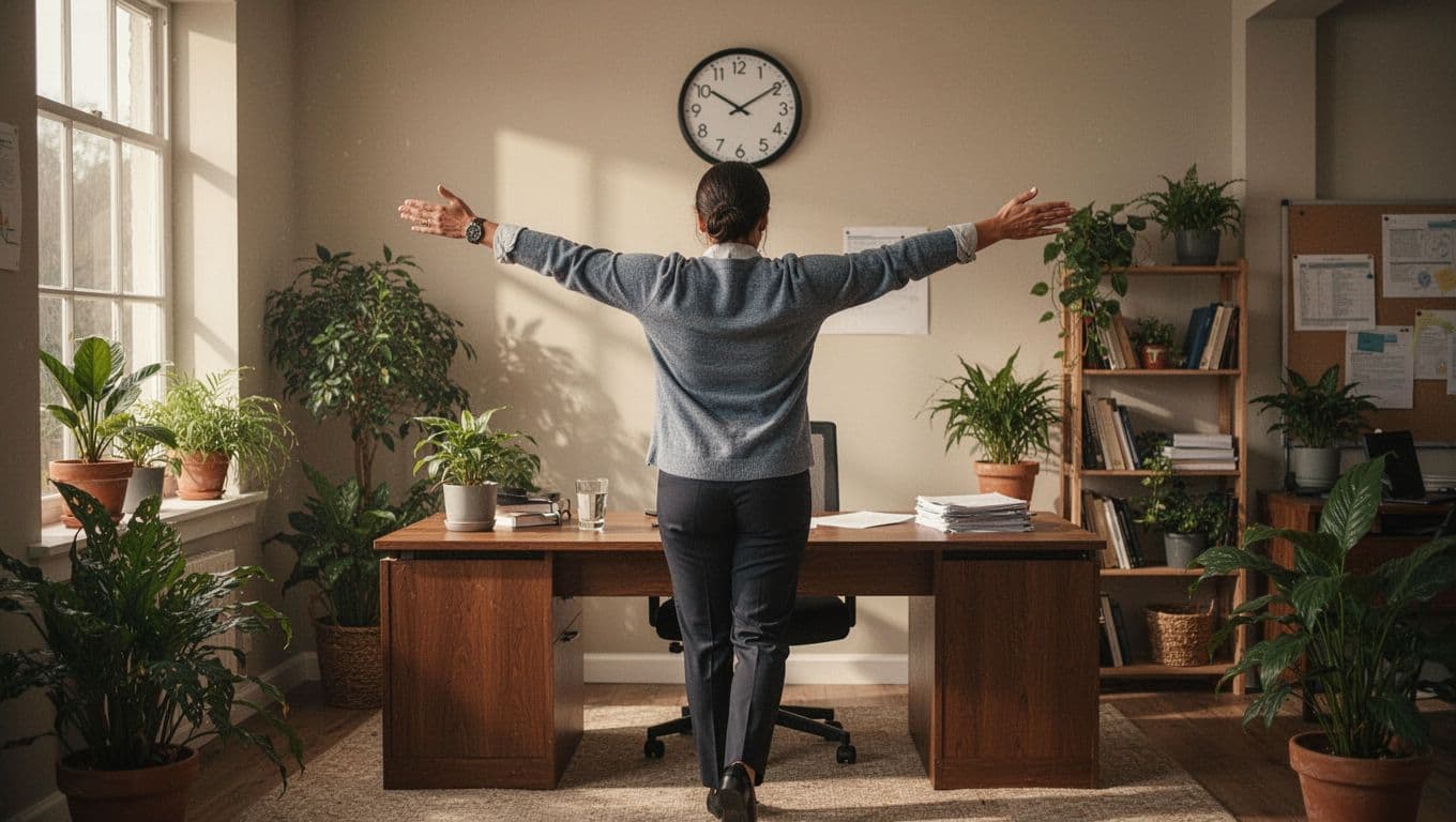 A manager walks away from his desk stretching his arms during a mid-afternoon break in a cozy office with plants and natural light, conveying a sense of healthy boundaries.