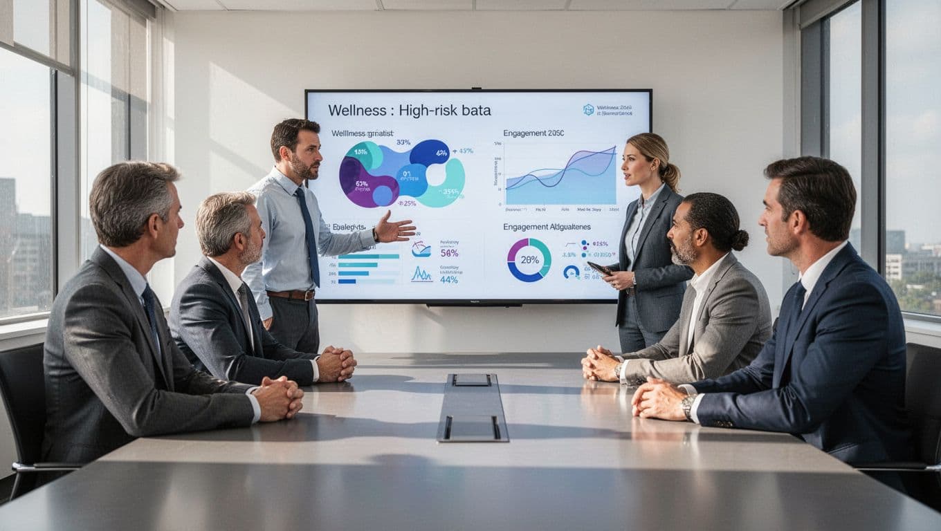 Equipo de cuatro gerentes en sala de reuniones luminosa revisando dashboard digital en pantalla grande con gráficos de encuestas de bienestar, métricas de engagement y un gráfico de alto riesgo, en ambiente profesional corporativo.