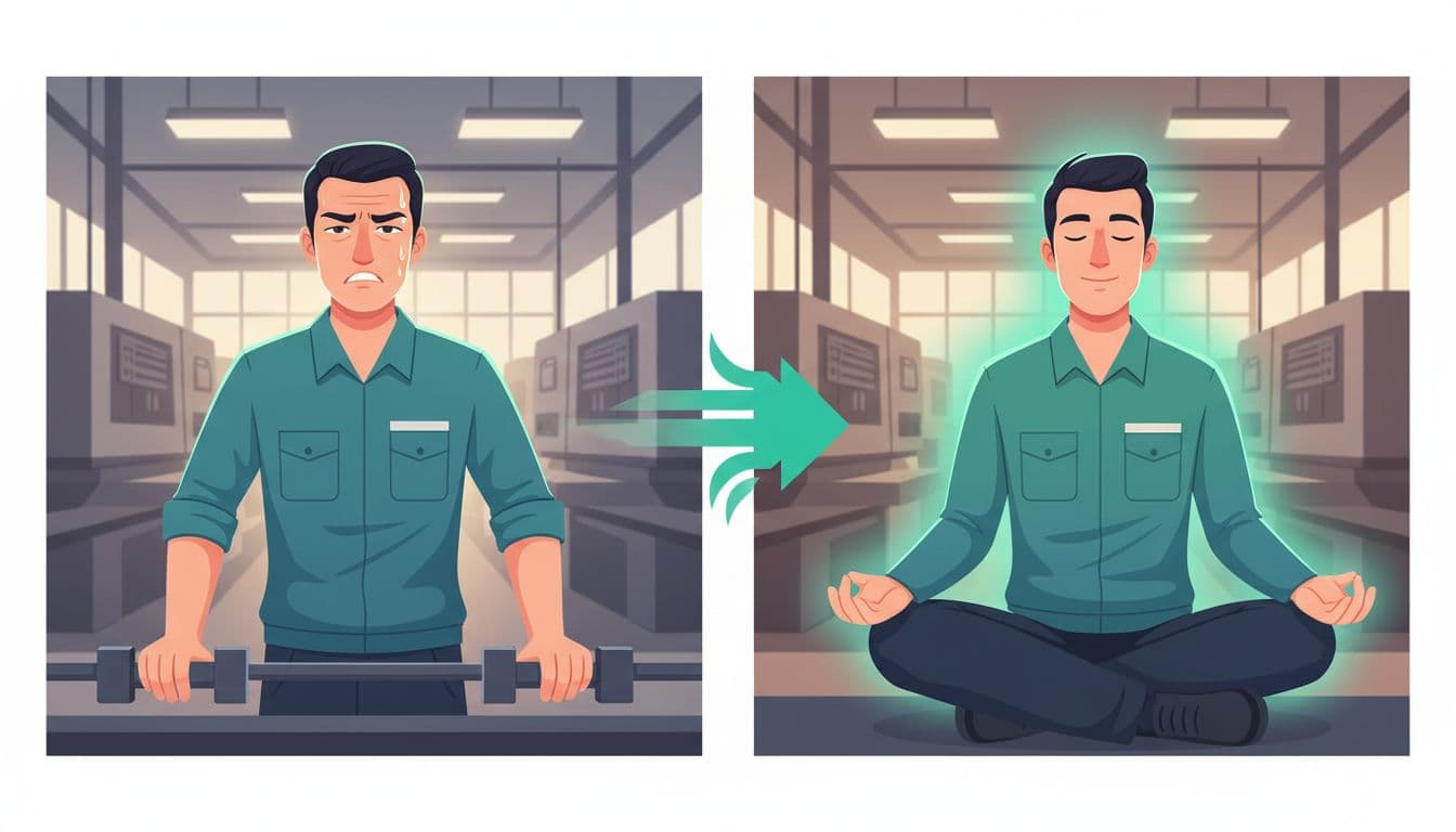 Ilustración comparativa moderna de un operario en planta manufacturera: lado izquierdo estresado con tensión y sudor junto a máquina; lado derecho relajado, sonriente, respirando con aura calmada. División central con flujo de aire en color teal, fondo de fábrica en CDMX con luz suave.