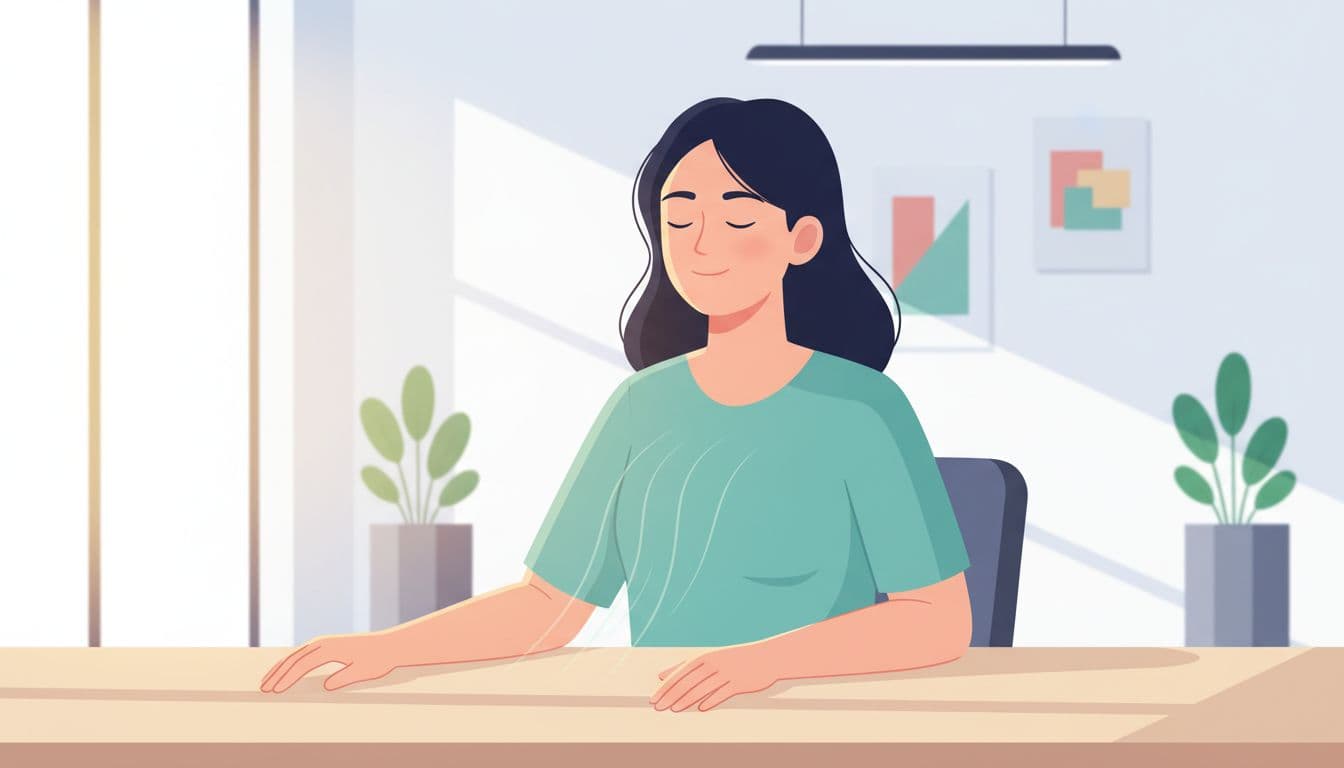 Modern illustration of a 30s marketer at a vibrant CDMX agency desk, eyes closed in deep micro-pausa de respiración, relaxed hands, subtle teal breathing waves, warm natural light.