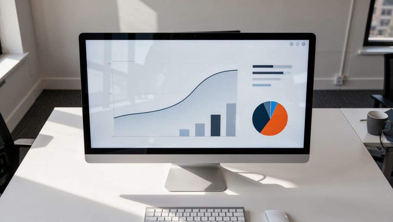 Top-down view of a computer monitor in an office desk displaying a modern clean dashboard with mental health metrics: decreasing symptom score line graph, engagement bar chart, and satisfaction pie chart, professional realistic style with natural daylight lighting.