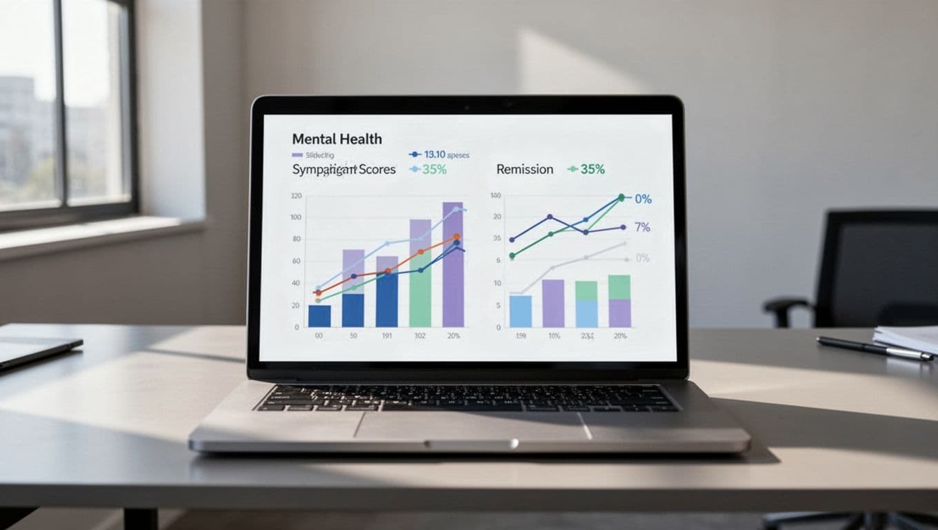 Digital dashboard on a laptop screen in a modern office displaying simple charts for mental health metrics like symptom scores, engagement rates, and remission percentages with clean composition and soft natural lighting.
