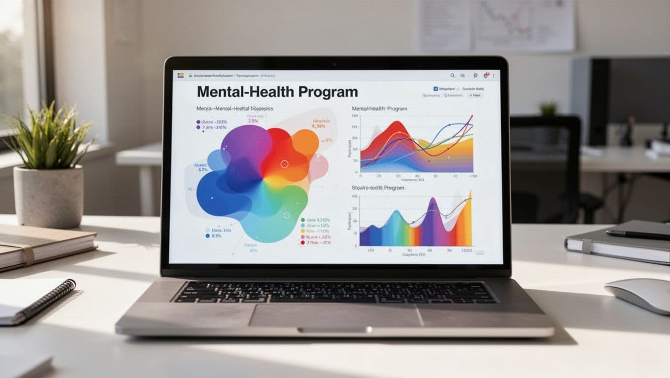 Portátil profesional mostrando dashboard con gráficos y curvas para métricas de programas de salud mental como reducción de síntomas, tasas de compromiso y porcentajes de remisión en un entorno de escritorio minimalista.