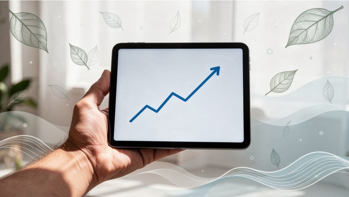 Simple line graph chart showing upward market growth trends for mental health and wellness apps in 2026, displayed on a tablet held by one relaxed hand, with subtle wellness icons on soft daylight background.