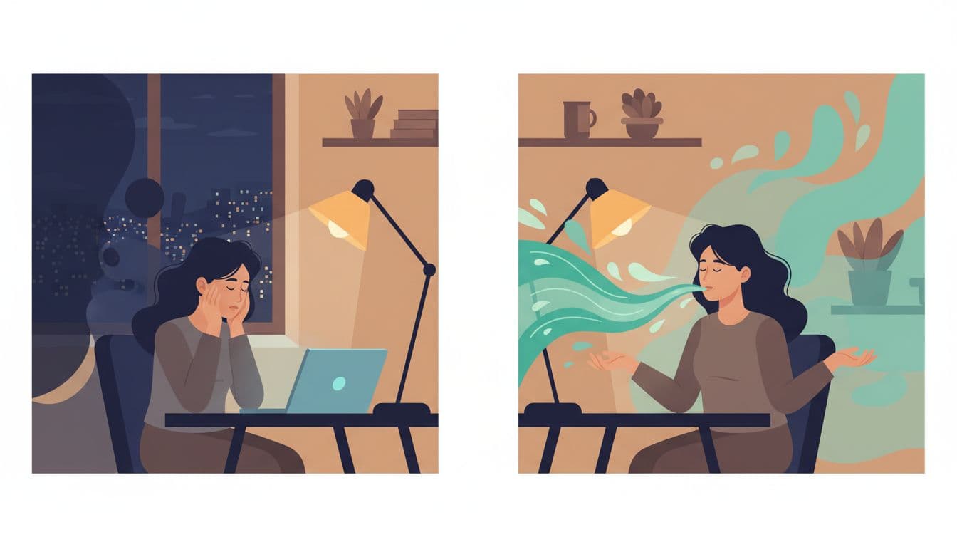 Split view of Mexican entrepreneur in night home office, from anxious head-in-hands shadows to teal breathwork waves bringing calm.