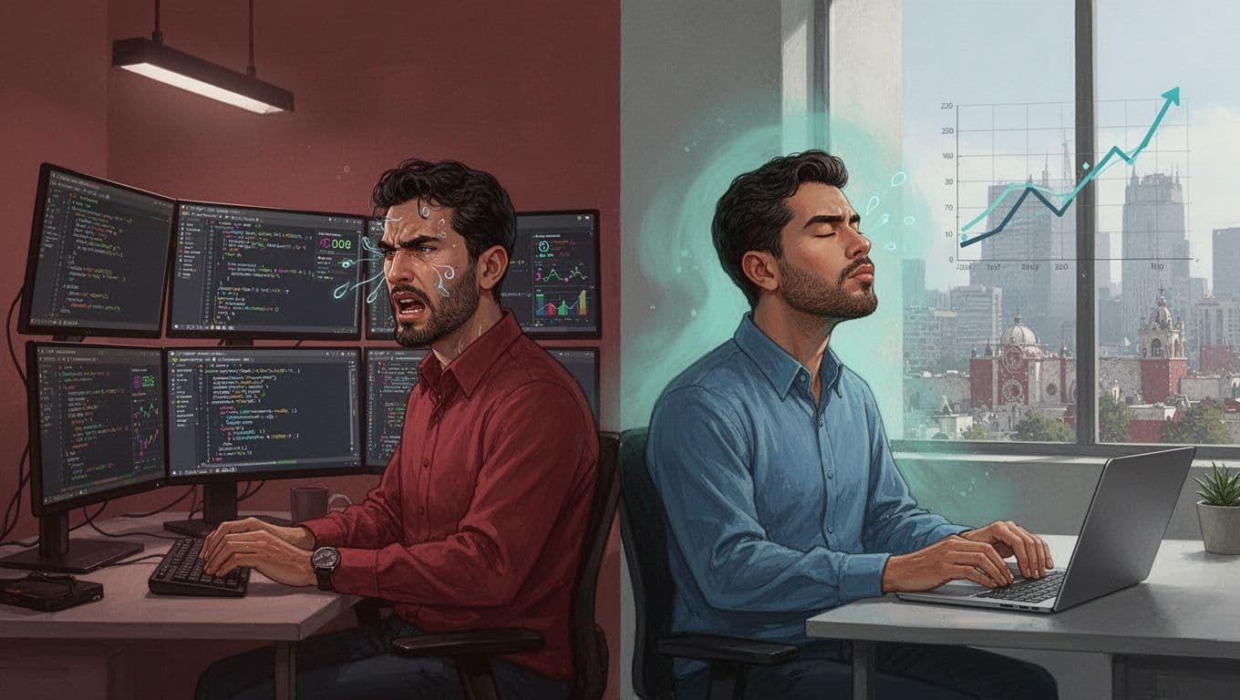 Ilustración moderna dividida en dos mitades: izquierda con profesional TI mexicano estresado frente a pantallas; derecha relajado inhalando tras micro-pausa, con skyline de CDMX y gráficos de productividad ascendiendo.