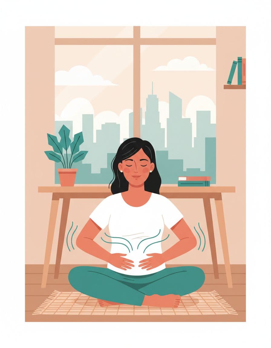 Professional Mexican woman in 30s sits relaxed at home office desk, eyes closed, hands on belly inhaling deeply, subtle CDMX skyline in window.