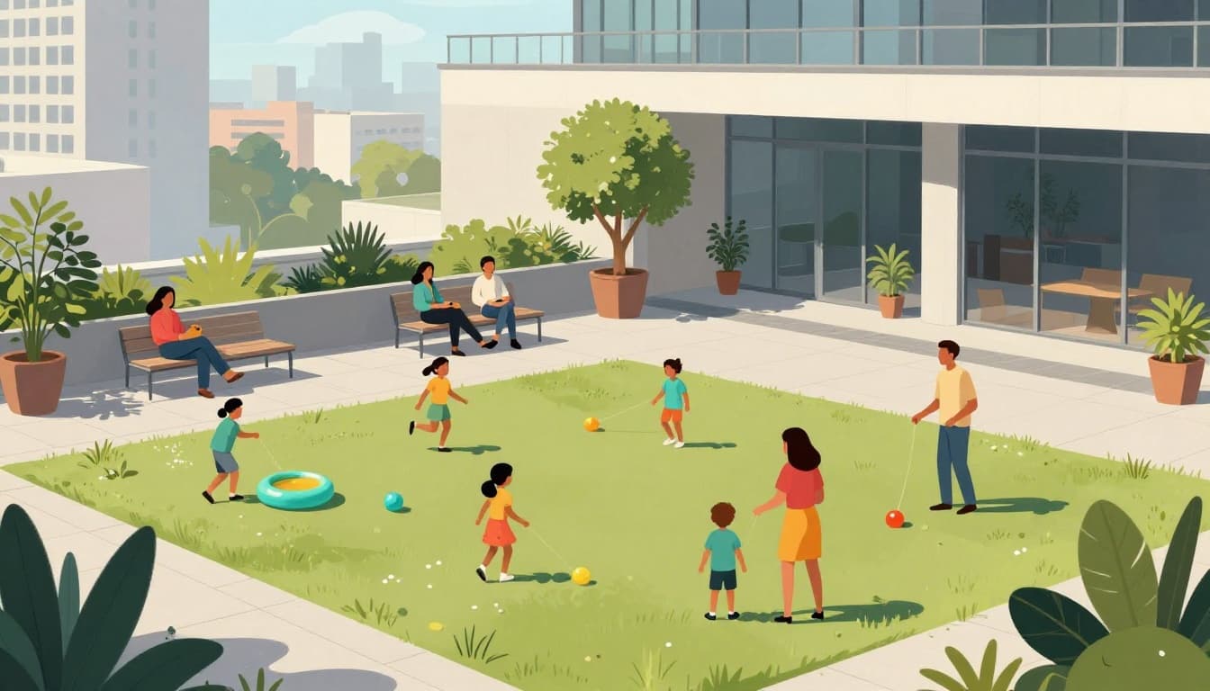 Modern illustration depicting a single family—two parents and two children—enjoying a calm, festive event in a corporate office rooftop garden in Mexico City, with kids playing simple games on inflatables and parents relaxing nearby.