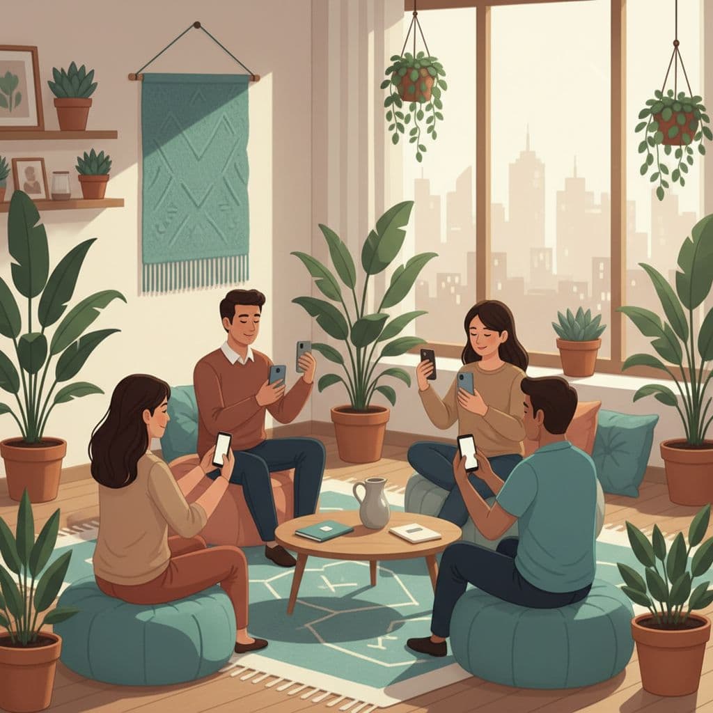 Modern illustration of one trainer and four diverse managers in a circle during a guided pause exercise using a phone app in a cozy Mexico City workshop room with plants and warm lighting.