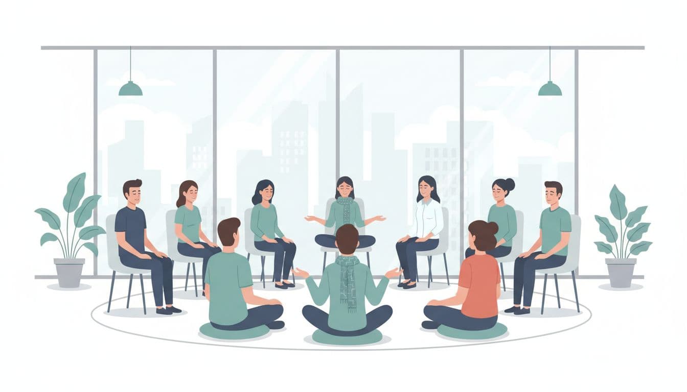 Diverse group of eight professionals seated in a circle for guided breathwork in a bright modern Mexico City office with skyline view.