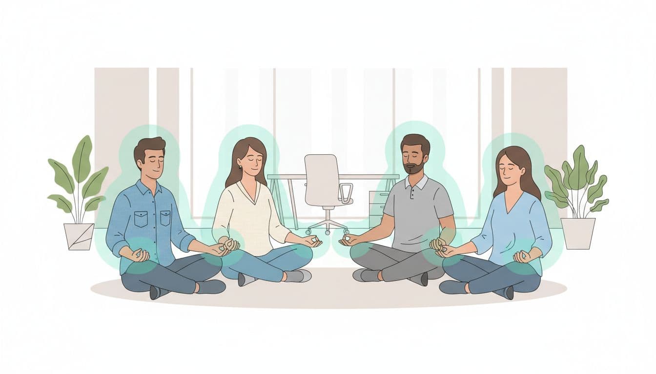 Ilustración moderna de cuatro empleados diversos en oficina abierta de Ciudad de México practicando respiración guiada sentados en círculo, con formas limpias, colores controlados y acentos relajantes en #14B8A6.