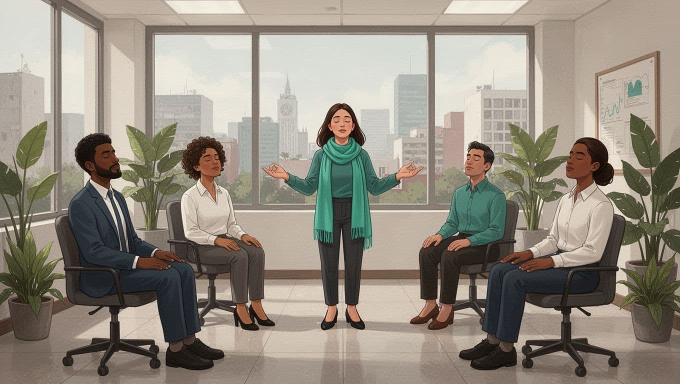 Modern illustration of a diverse team of five office professionals in a bright Mexico City conference room during a guided group breathing wellness session, with facilitator at front and participants seated with eyes closed.
