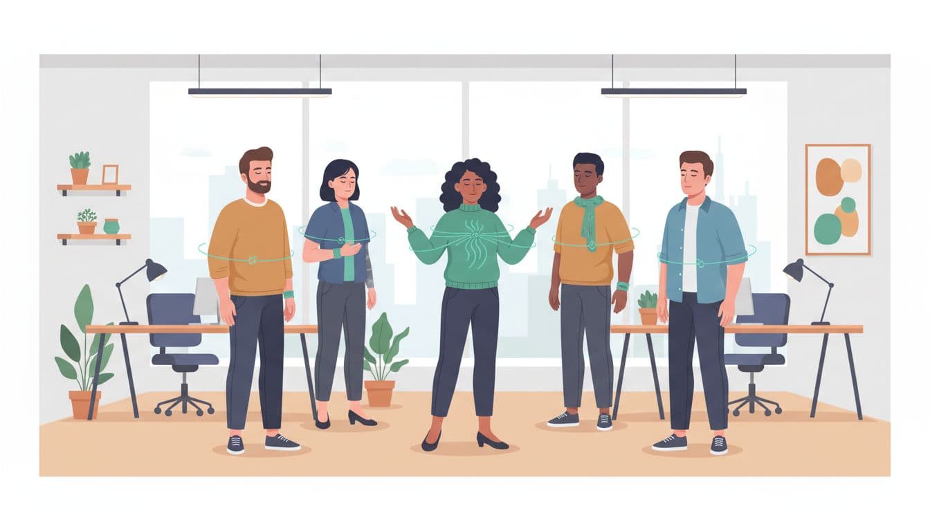 Modern illustration of five diverse new office employees in a Mexico City office taking a short breathing break during onboarding, with relaxed expressions and teal accents.