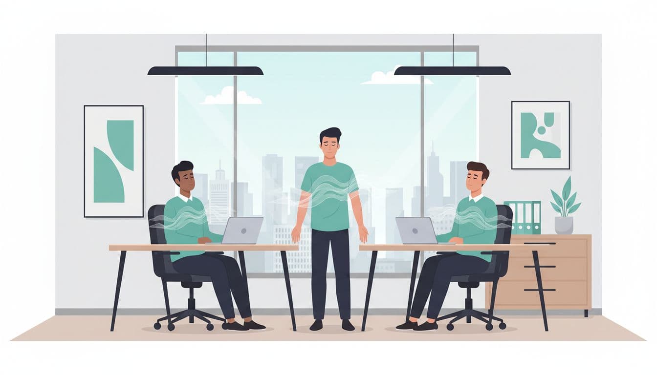 Tres empleados diversos en oficina moderna en Ciudad de México con vista al skyline, inhalando profundamente durante una micro-pausa guiada con ondas de respiración en color teal.