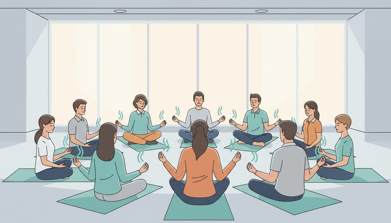 Modern illustration of a diverse team of 10 office workers in a bright Mexico City corporate office seated in a circle on yoga mats for a group wellness breathing session, emphasizing calm faces and relaxed postures.