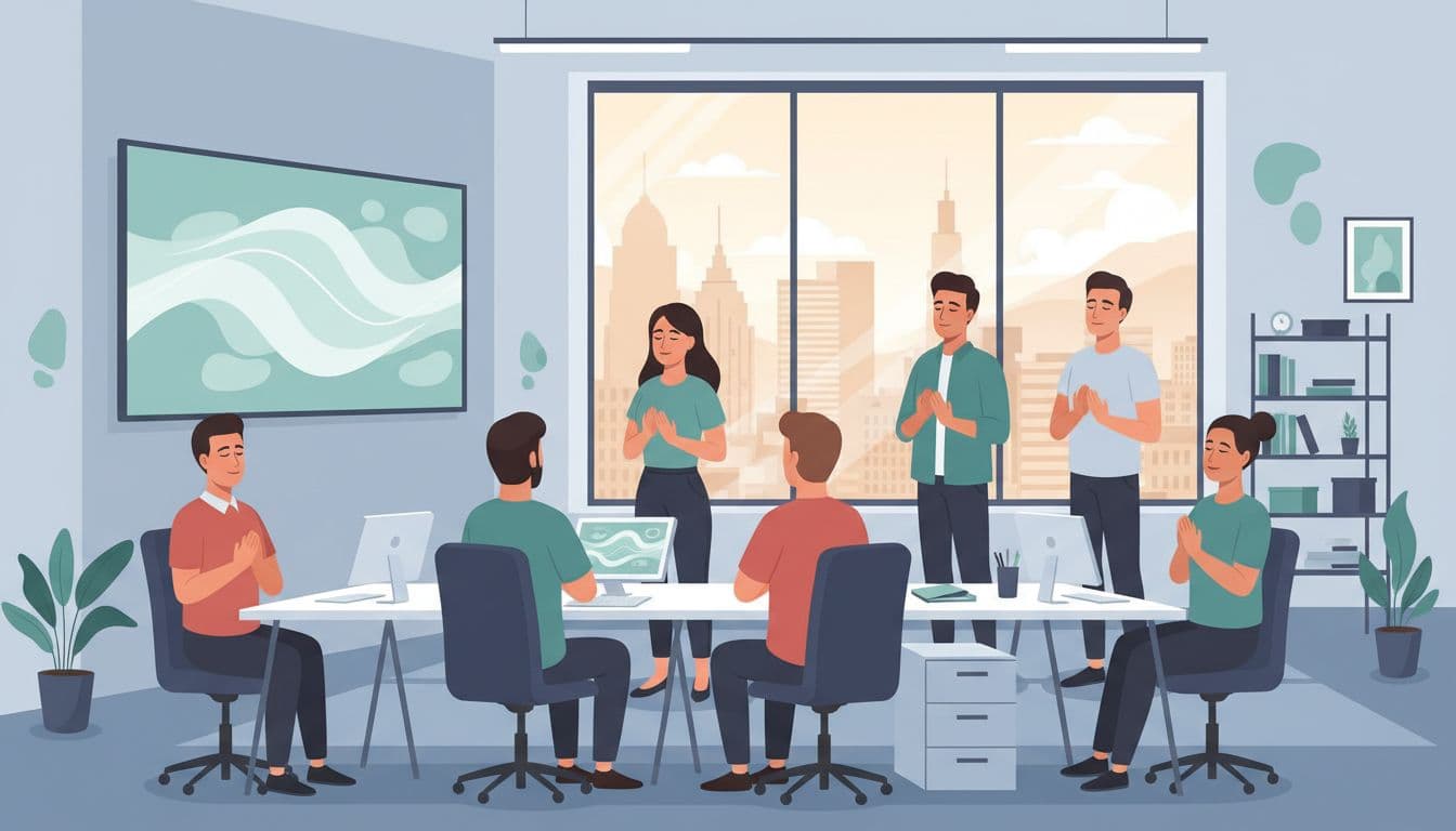Modern illustration of a diverse team of exactly 8 people in a Mexico City office practicing guided breathing exercises during a break, with relaxed faces, leader facilitating, warm natural light, and city skyline view.