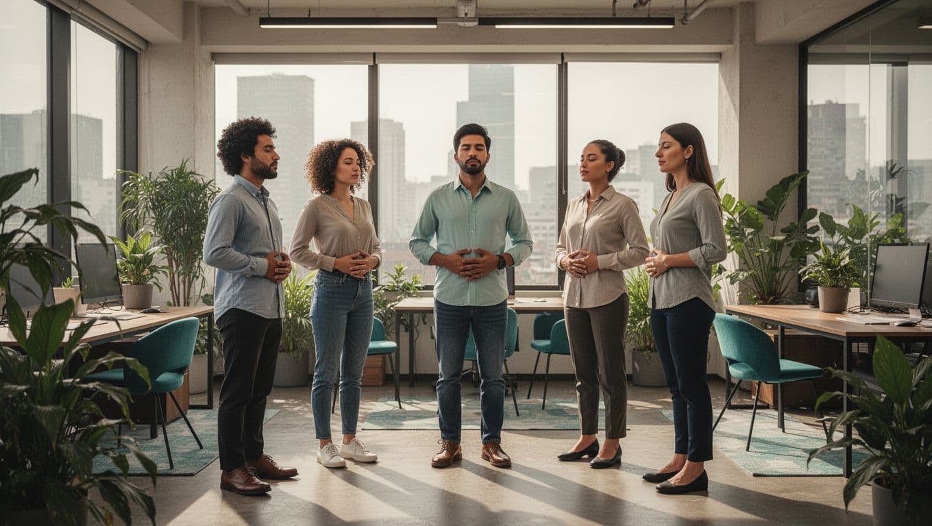 Modern illustration of exactly five diverse team members in a Mexico City office standing in a circle, performing a guided breathing exercise with hands on bellies and relaxed faces. The modern office features plants, clean shapes, controlled colors with #14B8A6 accents, and warm natural light.