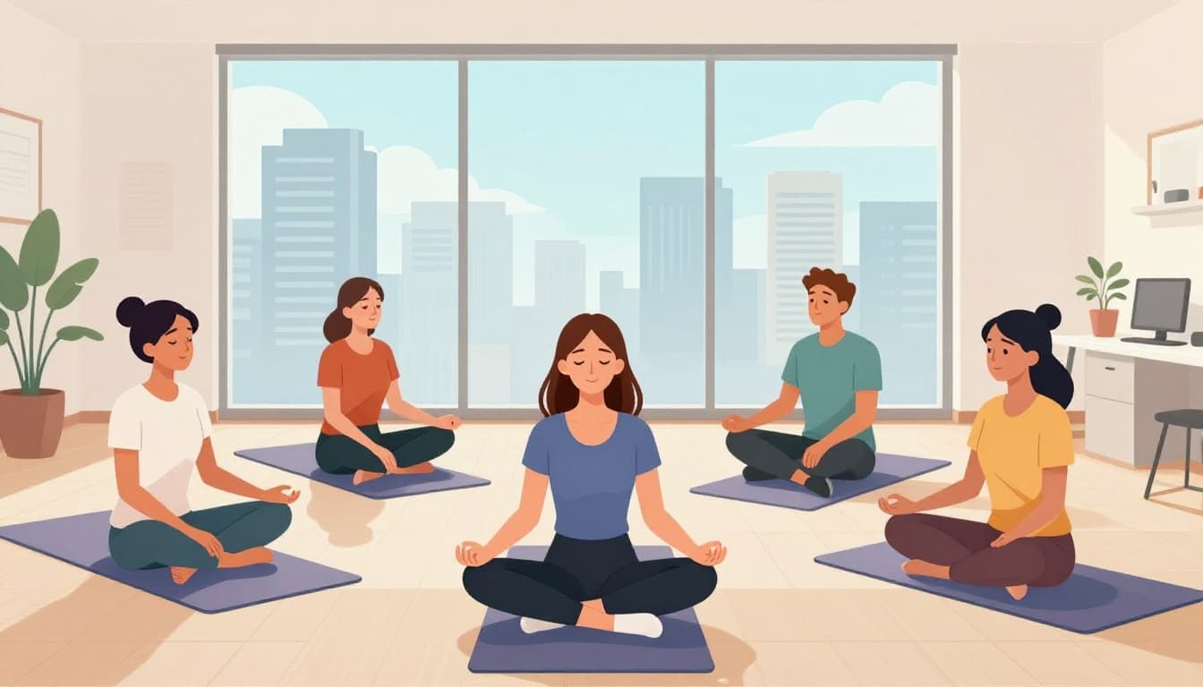 Modern illustration depicting a small team of five people in a bright Mexico City office engaged in a group breathing exercise, featuring relaxed expressions, skyline views, and teal accents on yoga mats.