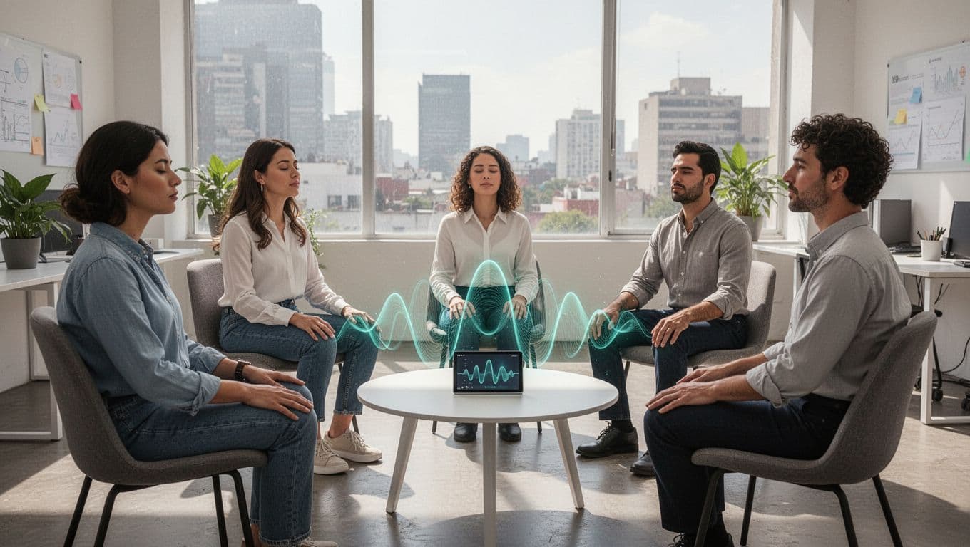 Ilustración moderna de cinco personas de un equipo corporativo en una oficina de Ciudad de México, sentadas en círculo practicando ejercicio de respiración guiada con rostros relajados, teléfono con app en la mesa y ondas de respiración en #14B8A6.