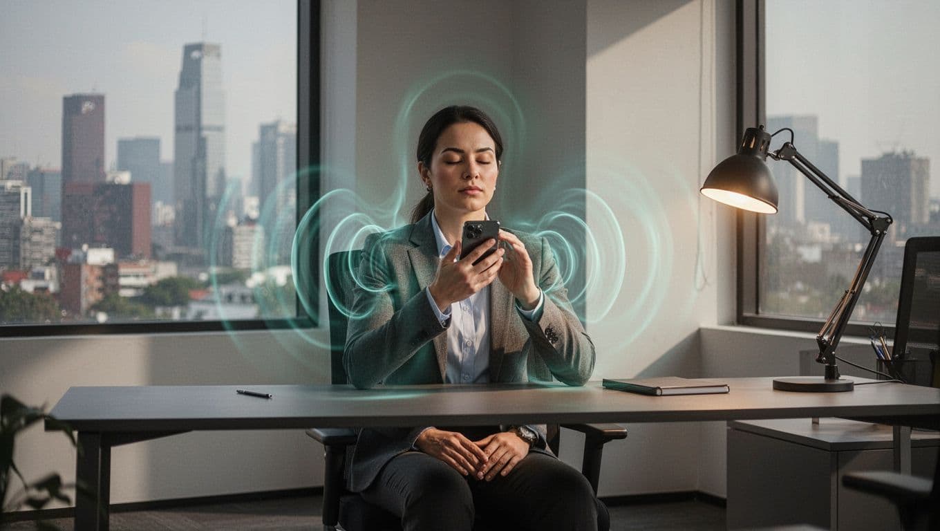 Modern illustration of a calm professional at a desk in a Mexico City tech office with subtle skyline view, eyes closed practicing guided breathing on a phone, featuring a subtle green glow and warm desk lamp light.