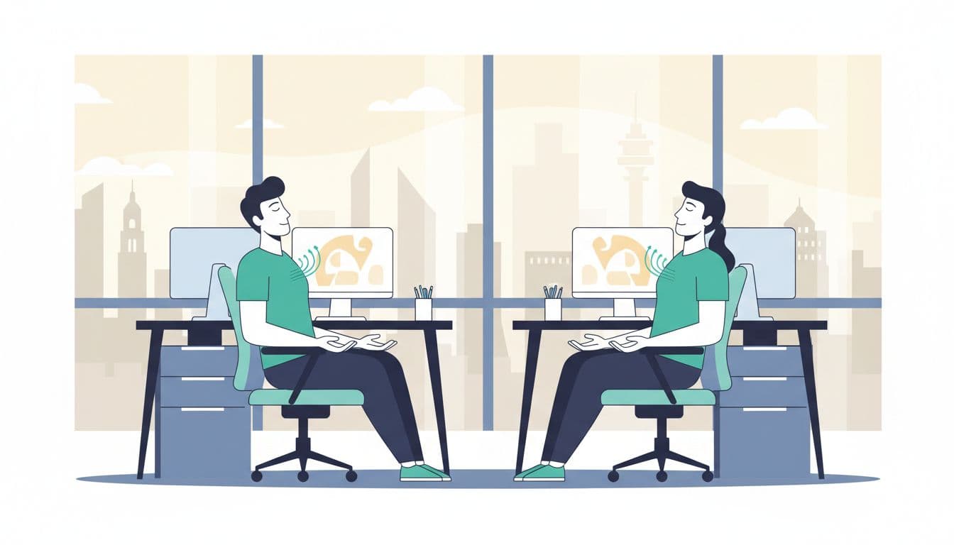 Dos trabajadores en oficina moderna de CDMX toman una micro-pausa haciendo respiración profunda durante turno rotativo, con escritorio y skyline al fondo.