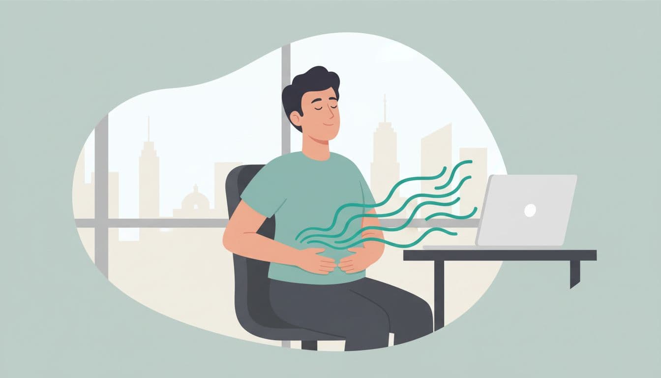 Ilustración moderna de una persona sola en una oficina abierta en CDMX tomando una micro-pausa, sentada en el escritorio respirando profundamente con manos en el abdomen y skyline sutil de la ciudad al fondo.
