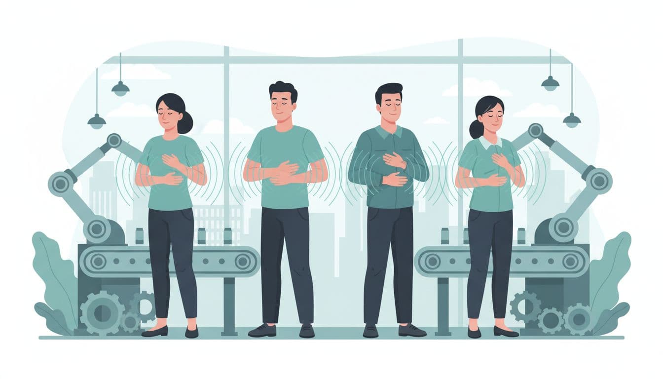Ilustración moderna de cuatro operarios en una fábrica de CDMX deteniendo la línea de producción para micro-pausas de respiración profunda, con ojos cerrados y manos en abdomen y pecho. Fondo industrial con máquinas, cintas transportadoras y skyline lejano de CDMX, en tonos azules y verdes con ondas de respiración.
