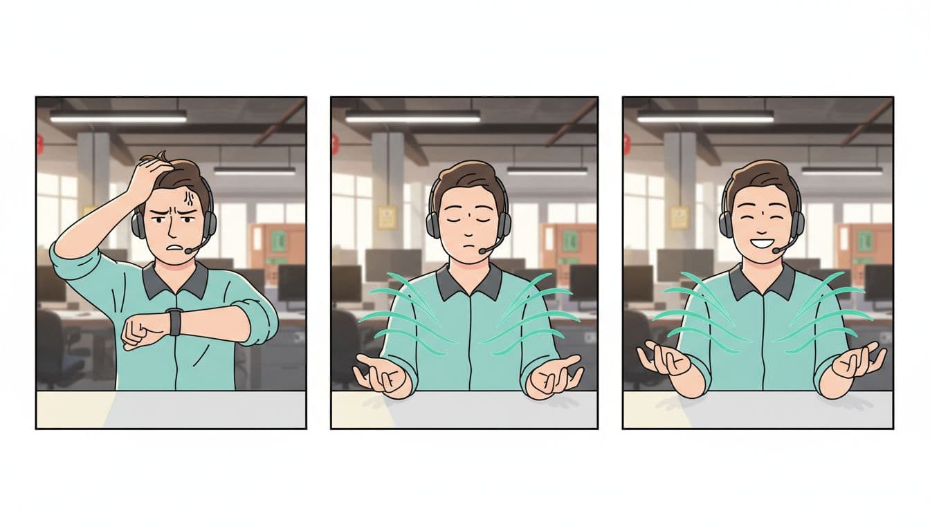 Ilustración secuencial en tres paneles de una persona en fábrica o call center con turno rotativo: estresada mirando el reloj, cerrando ojos para respirar, y relajada sonriendo. Estilo moderno limpio con acentos #14B8A6 en ondas de respiración, iluminación clara, una sola persona.