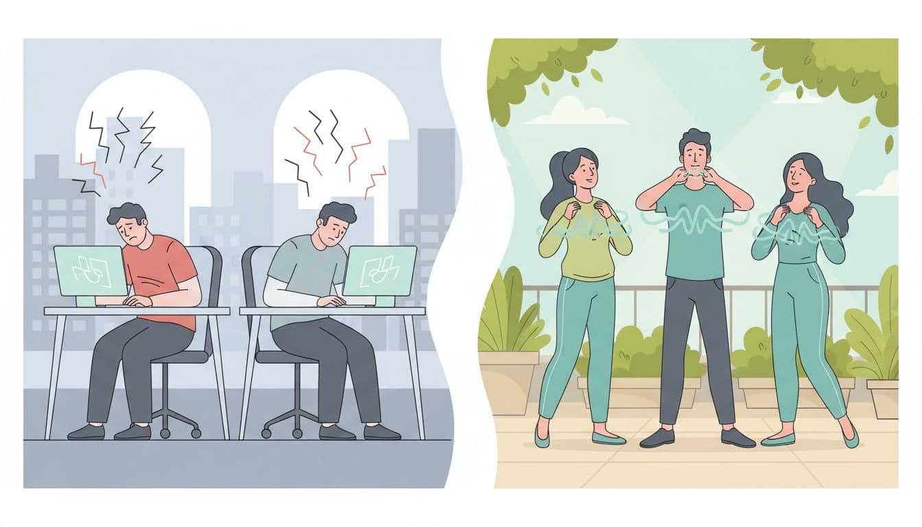 Modern side-by-side illustration: left shows stressed workers at computers in a CDMX office, right depicts the same team relaxed and breathing during micro-pauses.