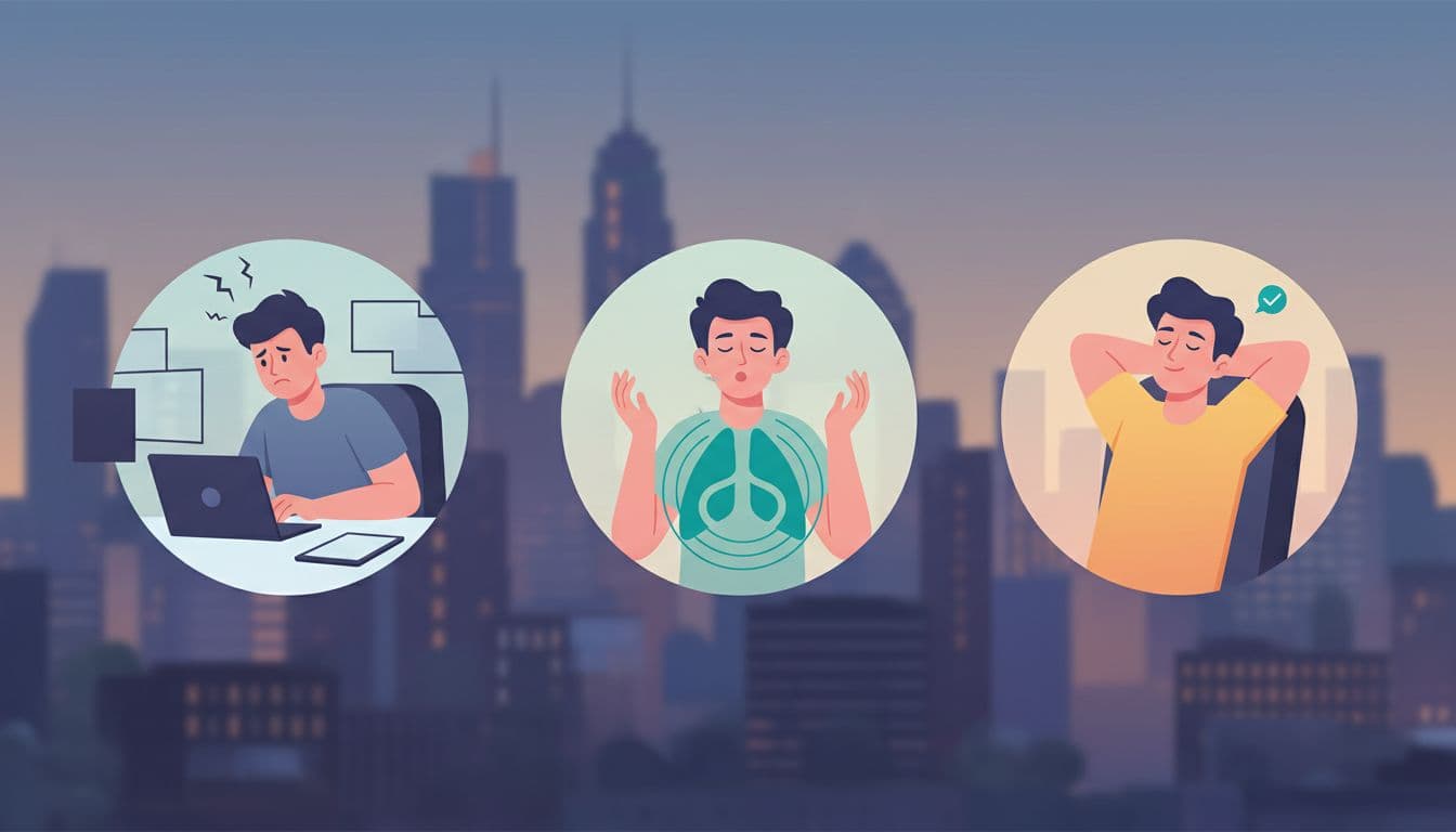 Modern step-by-step illustration depicting the implementation of micro-pauses in a hybrid team, transitioning from a stressed worker through a breathing exercise to a refreshed state, with a subtle Mexico City skyline background and teal accents.