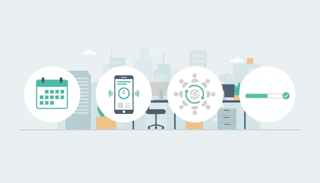 Modern illustration of step-by-step icons for integrating micro-pauses, featuring calendar breaks, phone app, group breathing circle, and progress bar with clean shapes and subtle CDMX skyline office background.