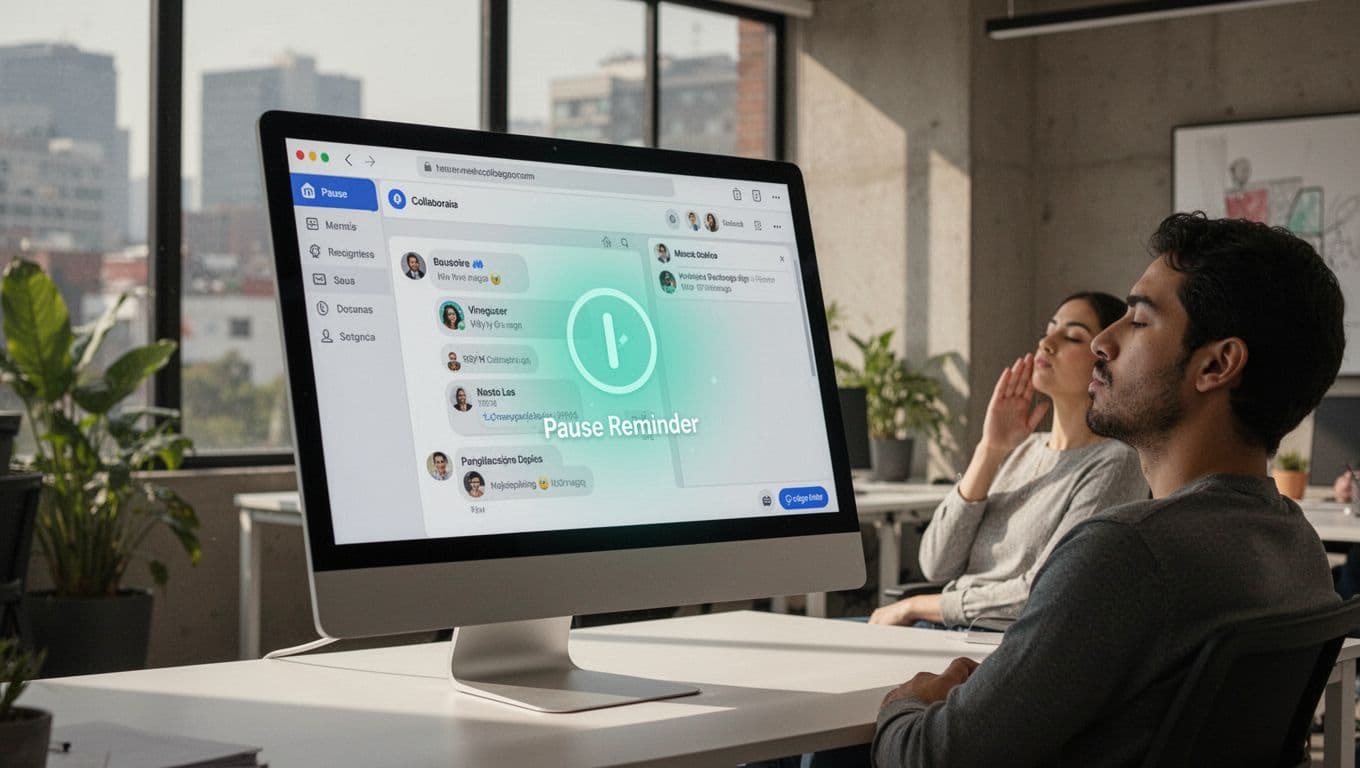 Modern computer screen illustration showing Microsoft Teams with subtle micro-pause notification glow, partially visible calm person in CDMX office background.