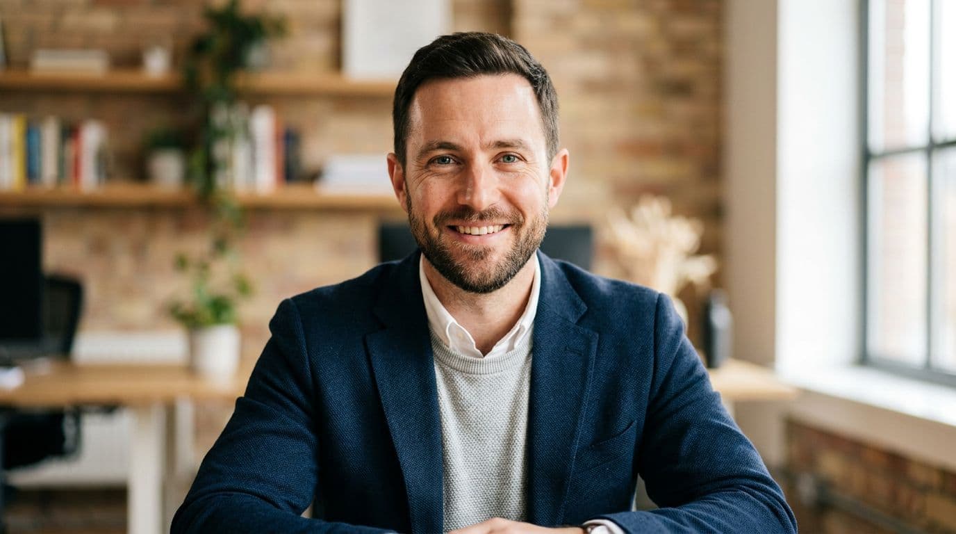 Exactly one mid-30s male professional in candid headshot with relaxed genuine smile and direct eye contact, neutral textured office background softly blurred, warm natural window light illuminating face evenly, head and shoulders composition.